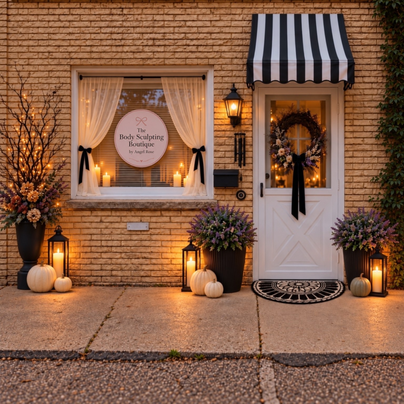 The boutique exterior with black bows and candlelit windows
